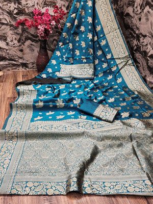 TARTAM Printed Banarasi Jacquard Saree(Dark Blue)