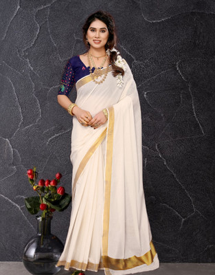 Saran Printed Kasavu Pure Cotton Saree(Multicolor)