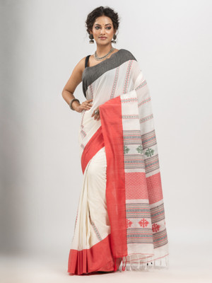 angoshobha Woven Handloom Pure Cotton Saree(White)