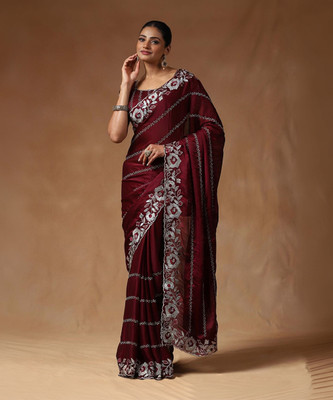 Sareemall Embroidered Bollywood Satin Saree(Maroon)