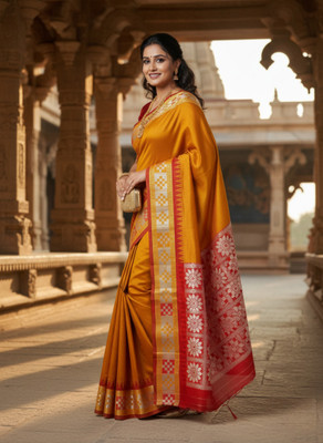 Destination Temple Border, Solid/Plain Sambalpuri Pure Silk Saree(Mustard)