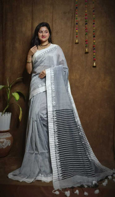 Anidipta collection Self Design Handloom Cotton Blend Saree(Silver)