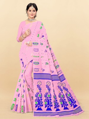 ARIYA PRINTS Floral Print Jamdani Cotton Blend, Cotton Silk Saree(Pink)