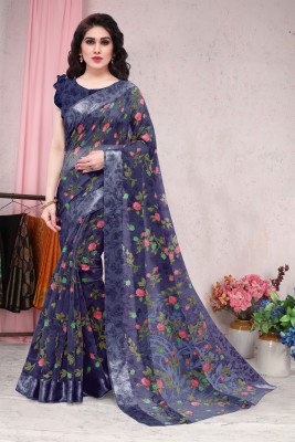 MIRCHI FASHION Printed, Floral Print Daily Wear Cotton Blend Saree(Dark Blue, Red, Green)
