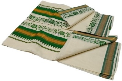 VKC SAREES Printed Kasavu Cotton Blend Saree(Green)