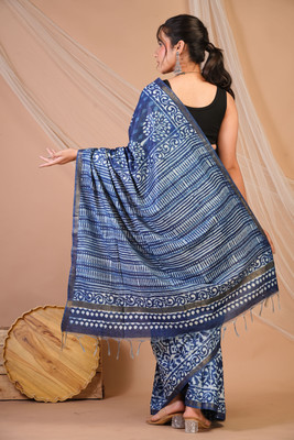 Anuttara Hand Painted Saree with Attached Blouse Cotton Silk Saree(Dark Blue)