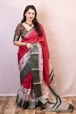 PHEASANT Checkered, Printed, Woven Kanjivaram Cotton Silk Saree(Pink, Green)