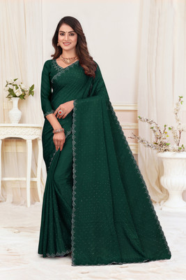 BATHANI CREATION Solid/Plain Saree with Attached Blouse Chiffon Saree(Green)