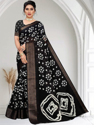 Grubstaker Printed Hand Batik Cotton Blend Saree(Black)
