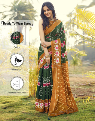 SIRIL Geometric Print, Printed Ikkat Cotton Blend Saree(Dark Green, Mustard)