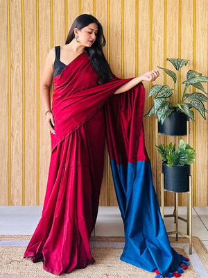 ANOUK Solid/Plain Saree with Attached Blouse Cotton Blend Saree(Maroon)