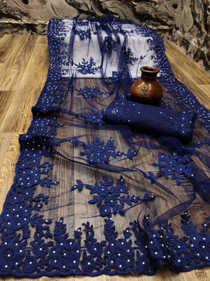 FINERFLY Embroidered, Self Design Bollywood Net Saree(Blue)