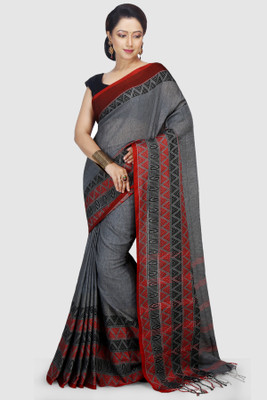 Mystory Woven Handloom Cotton Blend Saree(Red, Grey)