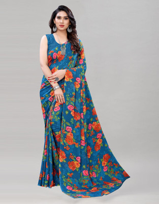Anmi Floral Print, Printed Daily Wear Chiffon, Georgette Saree(Blue, Multicolor)