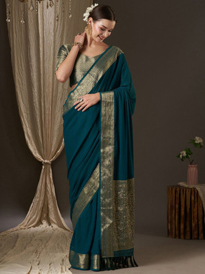 ANOUK Solid/Plain Kanjivaram Pure Cotton Saree(Green)