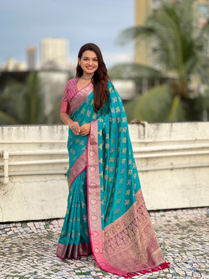 all about you Woven Patola Silk Blend Saree(Blue)