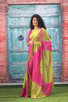 Sanganeri Print Printed, Color Block, Blocked Printed, Floral Print, Dyed Daily Wear Pure Cotton Saree(Pink)