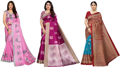 YASHIKA Printed Bhagalpuri Art Silk Saree(Pack of 3, Pink, Purple, Blue, Red)