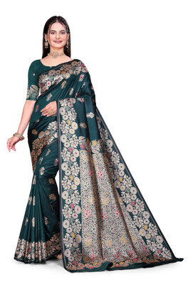GHODTEXTILE Woven, Self Design, Floral Print, Temple Border Banarasi Pure Silk Saree(Dark Green)