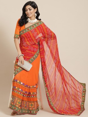 Divastri Self Design, Embroidered, Embellished, Floral Print Bandhani Georgette, Jacquard Saree(Red, Orange)