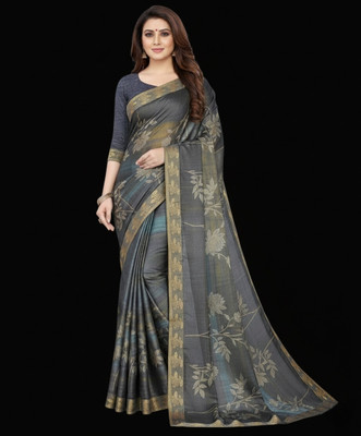 ShivMaya Floral Print Bollywood Silk Blend Saree(Grey)