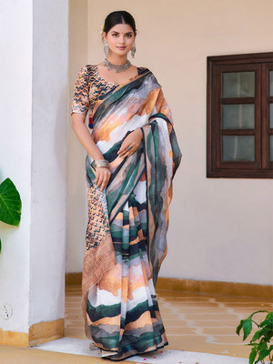 ANOUK Printed Saree with Attached Blouse Linen Saree(White)
