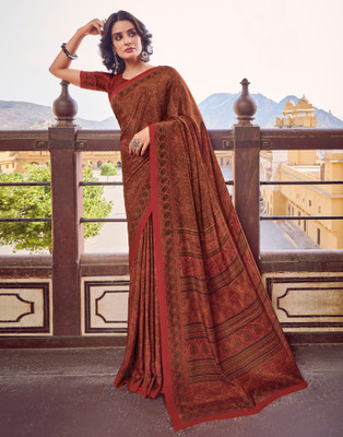 all about you Printed Daily Wear Crepe Saree(Orange, Multicolor)