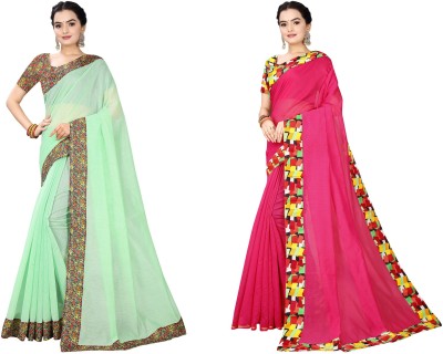 manish Solid/Plain Chanderi Cotton Blend Saree(Pack of 2, Pink, Light Green)