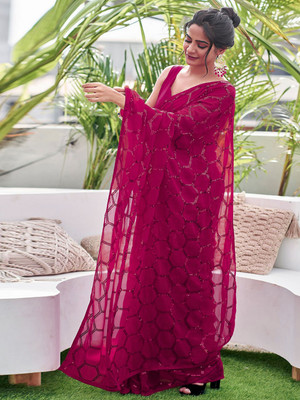 Bluebirdimpex Embroidered Bollywood Georgette Saree(Pink)
