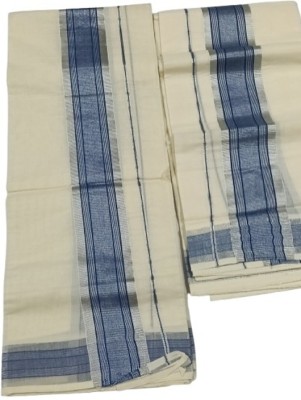 VKC SAREES Solid/Plain Kasavu Cotton Blend Saree(Beige, Blue)