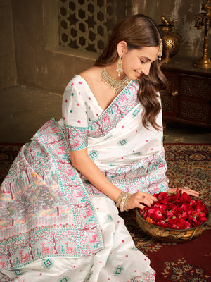 Sariya Woven Banarasi Silk Blend Saree(White)