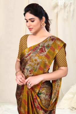 MIRCHI FASHION Printed, Floral Print Daily Wear Chiffon Saree(Mustard, Beige)