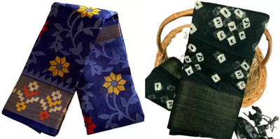 Aaradhna Printed Kota Doria Cotton Blend Saree(Pack of 2, Blue, Black)