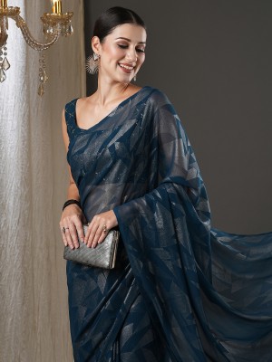 Sareemall Printed Bollywood Georgette Saree(Dark Blue)