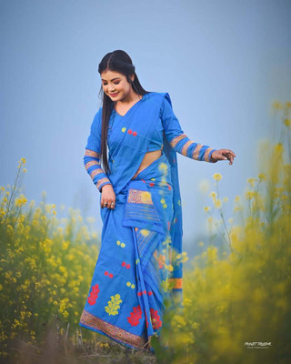 Sheden Lopez Creation Self Design Mekhela Chador Cotton Silk Saree(Blue)