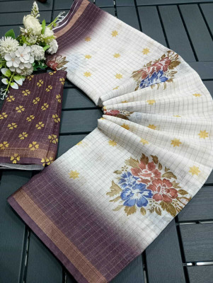 HouseOfCommon Woven Kanjivaram Linen, Cotton Linen Saree(White, Brown)