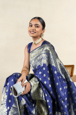 SUBHAM Woven, Embellished Banarasi Silk Blend Saree(Dark Blue, Gold)