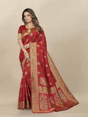 Hinayat Fashion Woven, Embellished, Embroidered, Printed, Self Design Kanjivaram Pure Silk, Art Silk Saree(Red)