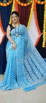 CommonHouseee Printed Jamdani Cotton Silk Saree(Blue)
