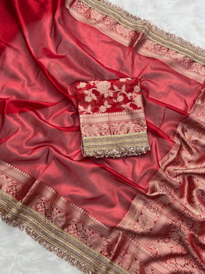 Shaheen Woven, Floral Print Banarasi Tissue Saree(Red)