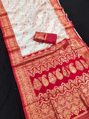 Bansari Textiles Woven, Paisley Banarasi Cotton Silk, Jacquard Saree(White, Red)