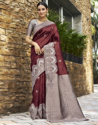 Samah Woven, Self Design Banarasi Art Silk Saree(Maroon, Grey, Gold)