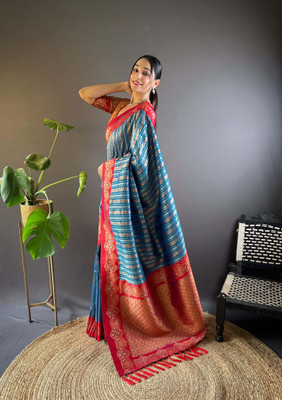 all about you Woven Bollywood Silk Blend Saree(Blue)