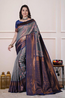 Jk Fabri Floral Print Banarasi Art Silk Saree(Blue)