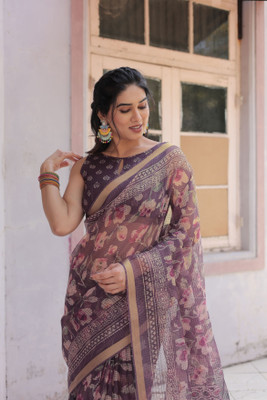MIRCHI FASHION Printed, Floral Print, Checkered Kota Doria Polyester Saree(Purple, Cream)