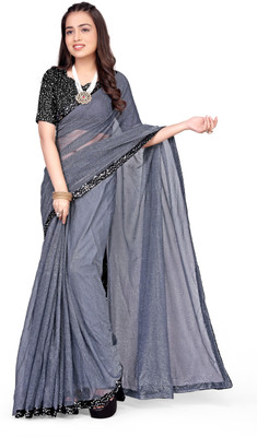HouseOfCommon Solid/Plain, Embellished Bollywood Lycra Blend Saree(Grey)