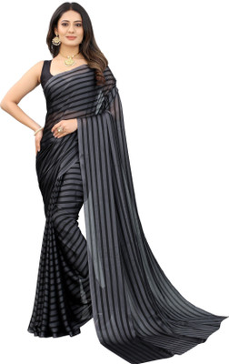 RAJESHWAR FASHION Striped Leheria Satin Saree(Grey, Black)