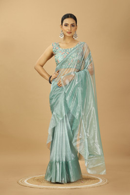 PATLANI STYLE Solid/Plain Bollywood Net Saree(Light Green)