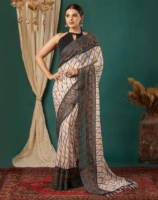 Divastri Printed, Striped, Embellished Bandhani Georgette Saree(Black)