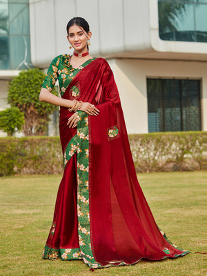 KARAGIRI Floral Print Banarasi Georgette Saree(Maroon)